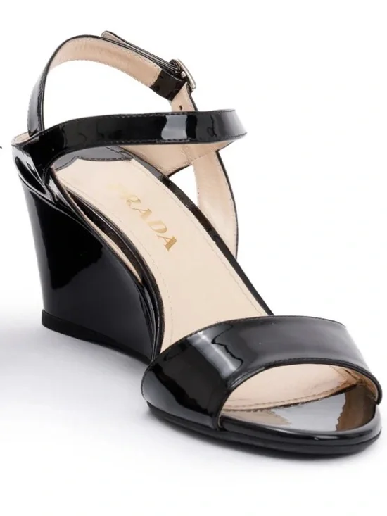 Prada Black Patent Open-Toe Ankle Strap Wedge Sandals Size 39.5 - Picture 4 of 13